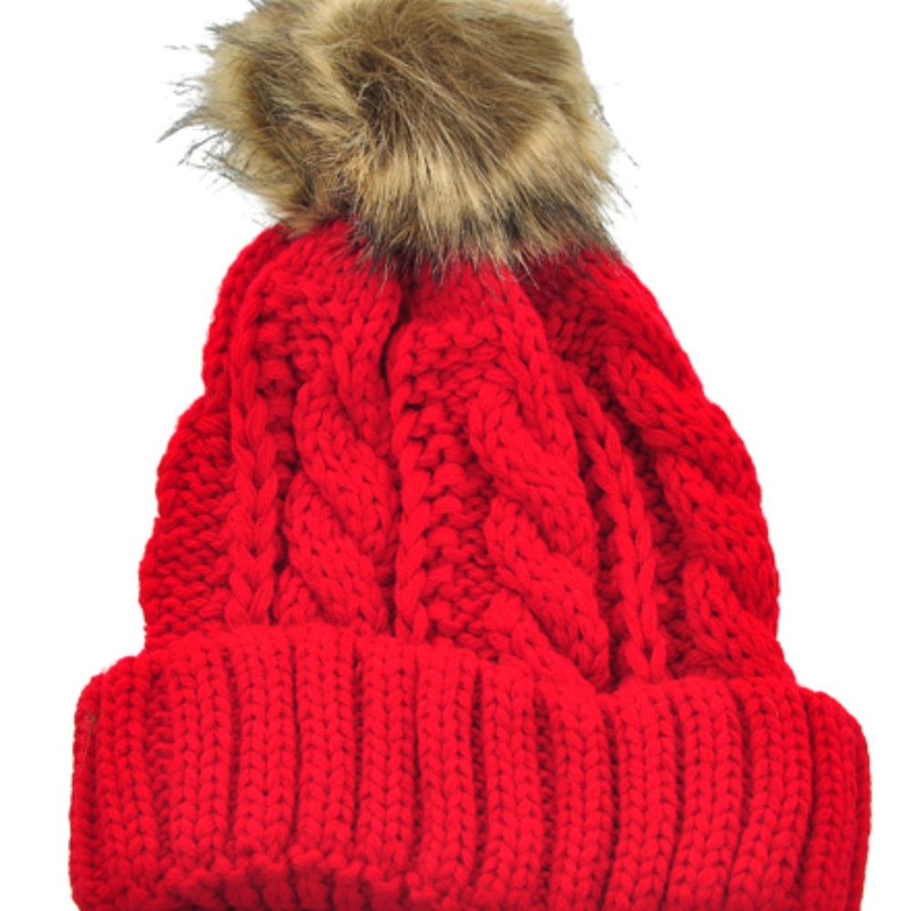 WINTER RED BEANIE HAT FAUX FUR POMPOM